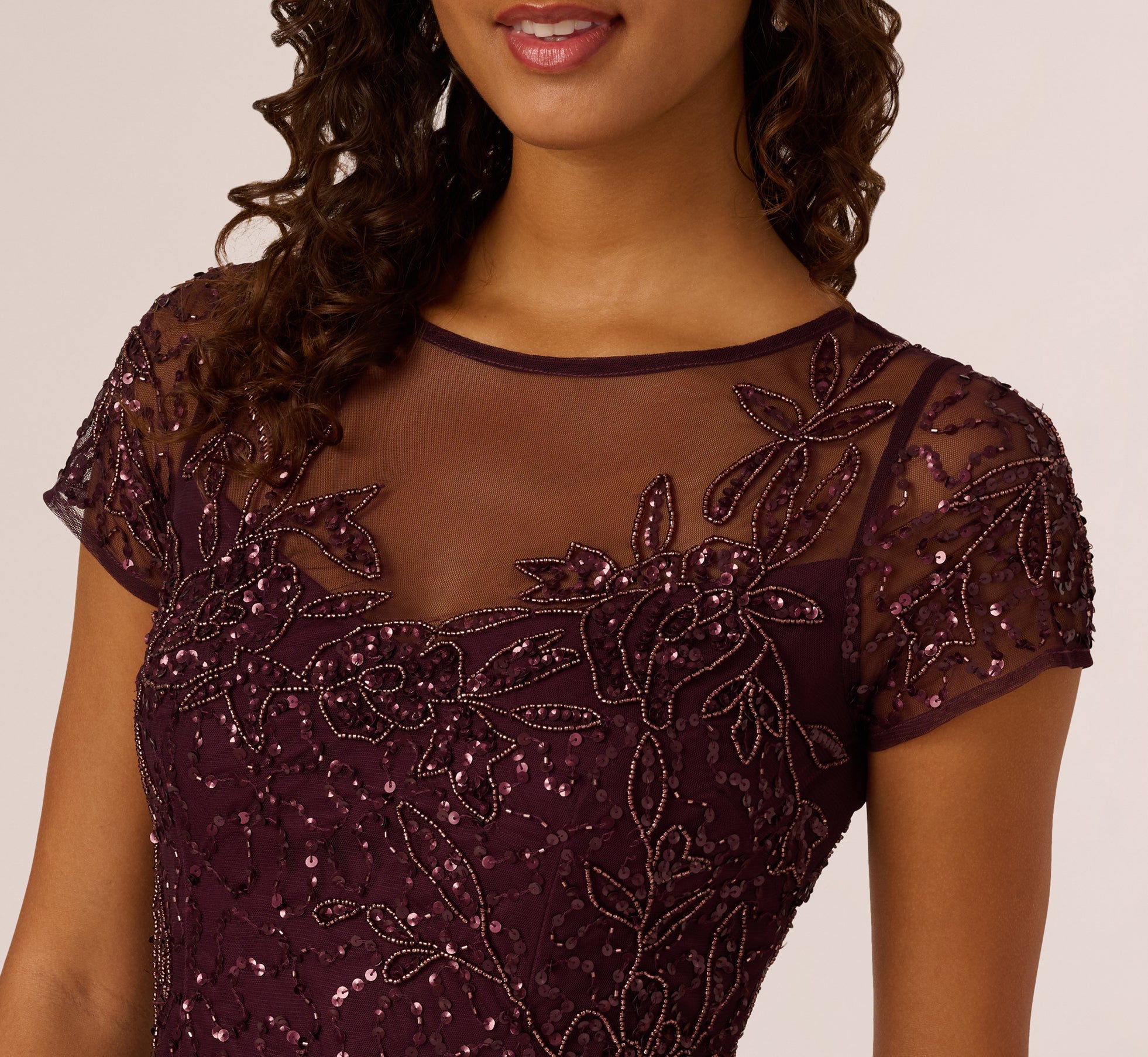 Beaded Short Sleeve Sheath Dress In Night Plum