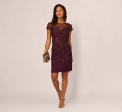 Beaded Short Sleeve Sheath Dress In Night Plum