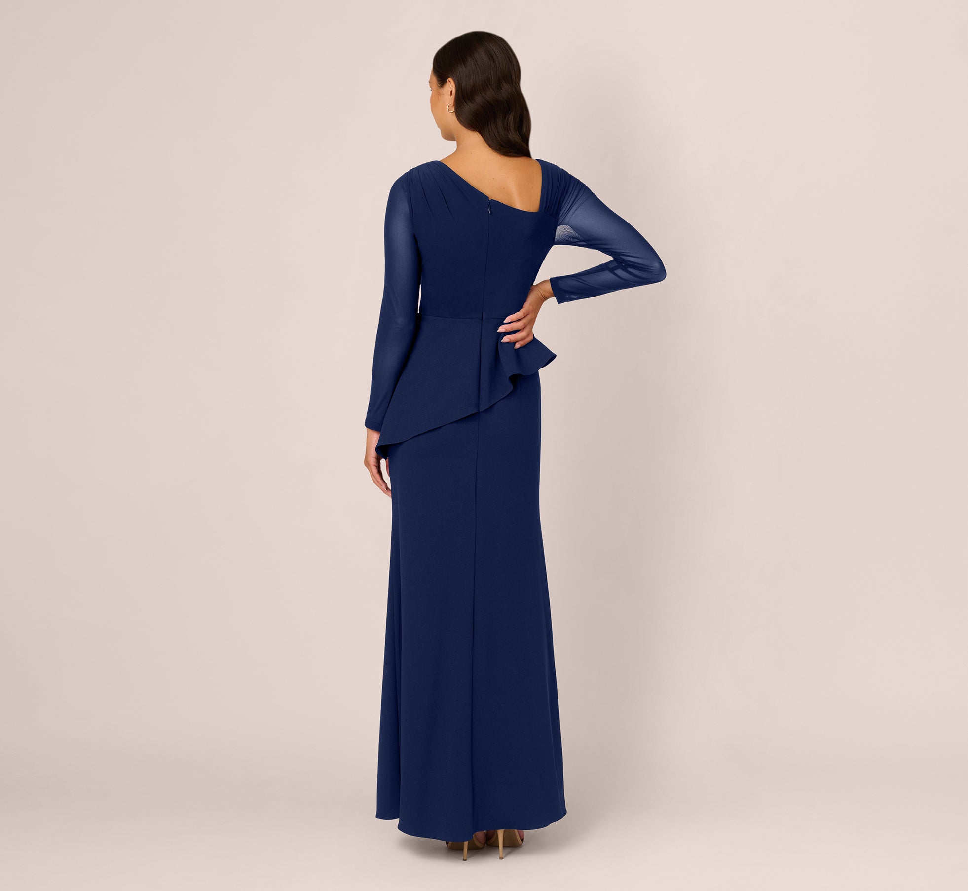 Knit Crepe Combo Mesh Gown In Navy Sateen