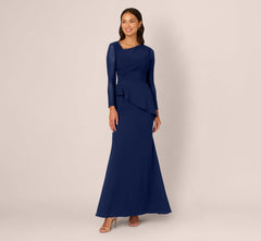 Knit Crepe Combo Mesh Gown In Navy Sateen