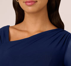 Knit Crepe Combo Mesh Gown In Navy Sateen