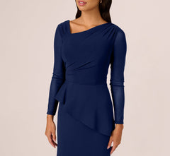 Knit Crepe Combo Mesh Gown In Navy Sateen