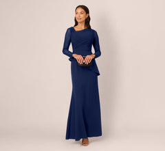 Knit Crepe Combo Mesh Gown In Navy Sateen