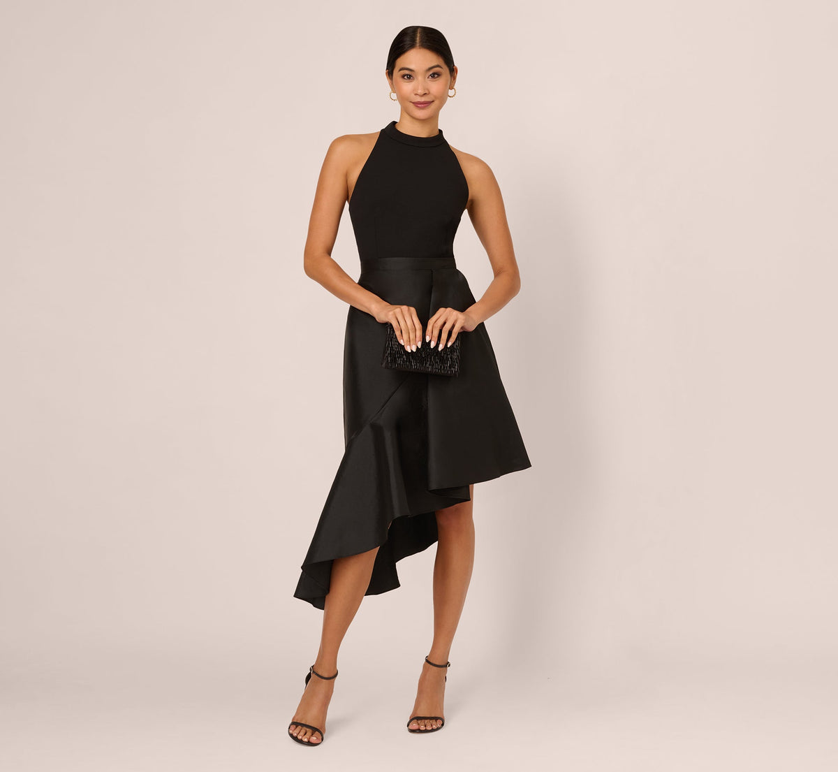 Crepe Combo Taffeta Dress In Black