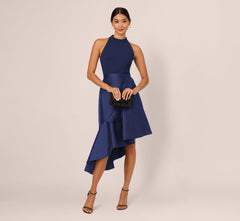 Crepe Combo Taffeta Dress In Light Navy