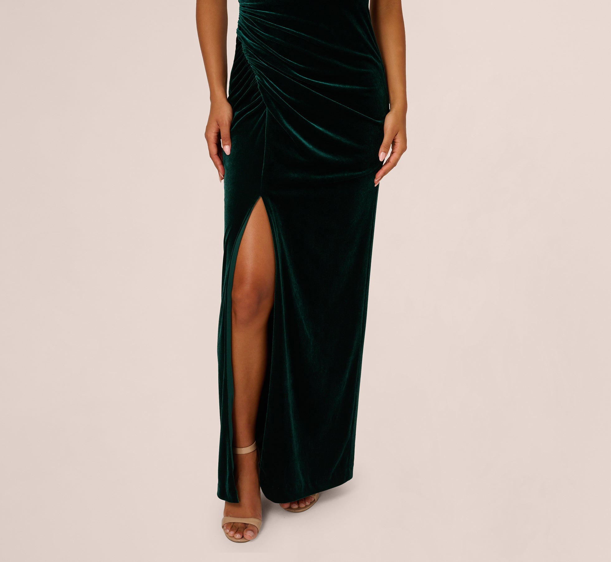One Shoulder Draped Velvet Gown With Chain Accent In Emerald