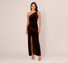 One Shoulder Draped Velvet Gown With Chain Accent In Dark Brown