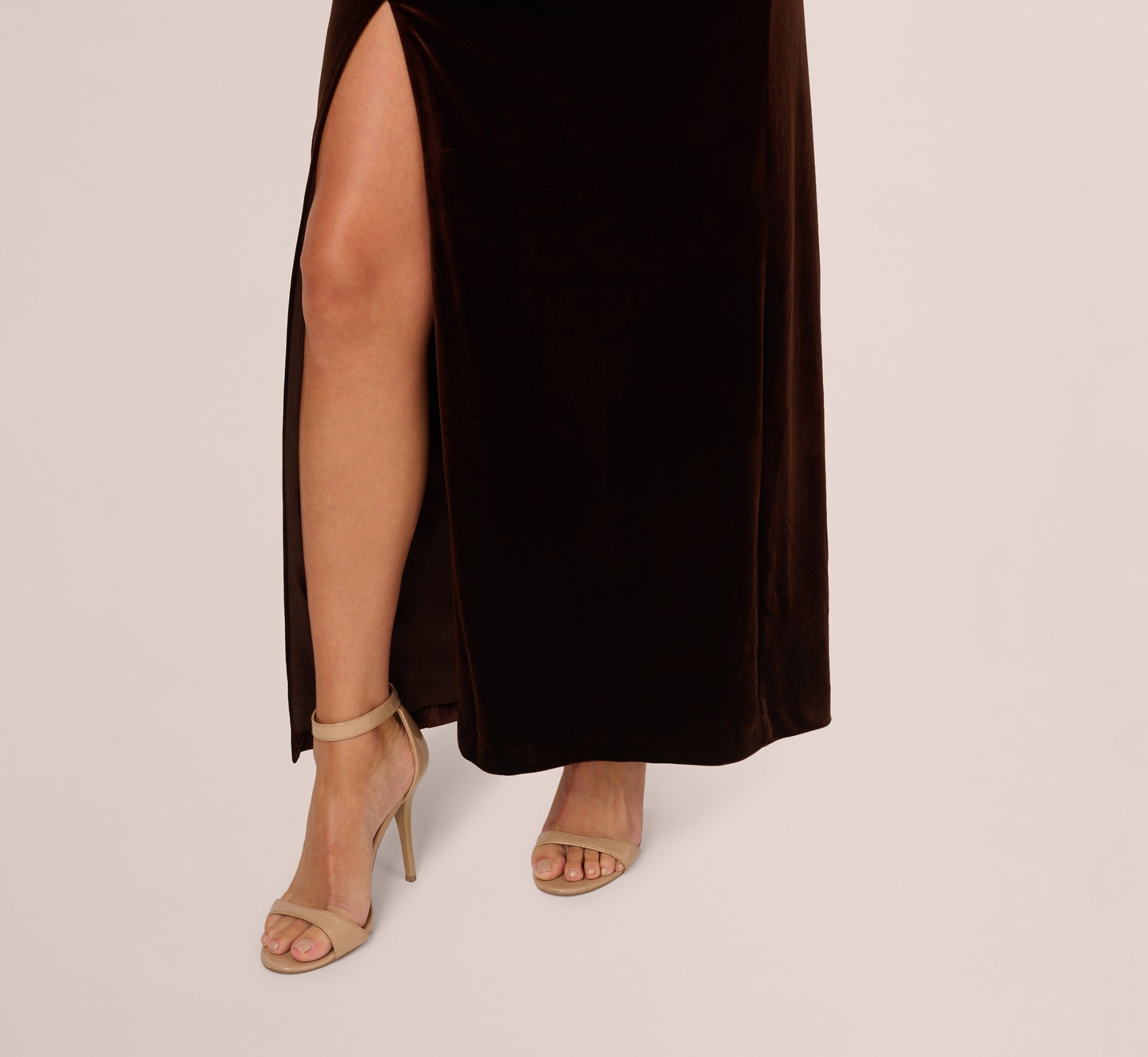 One Shoulder Draped Velvet Gown With Chain Accent In Dark Brown