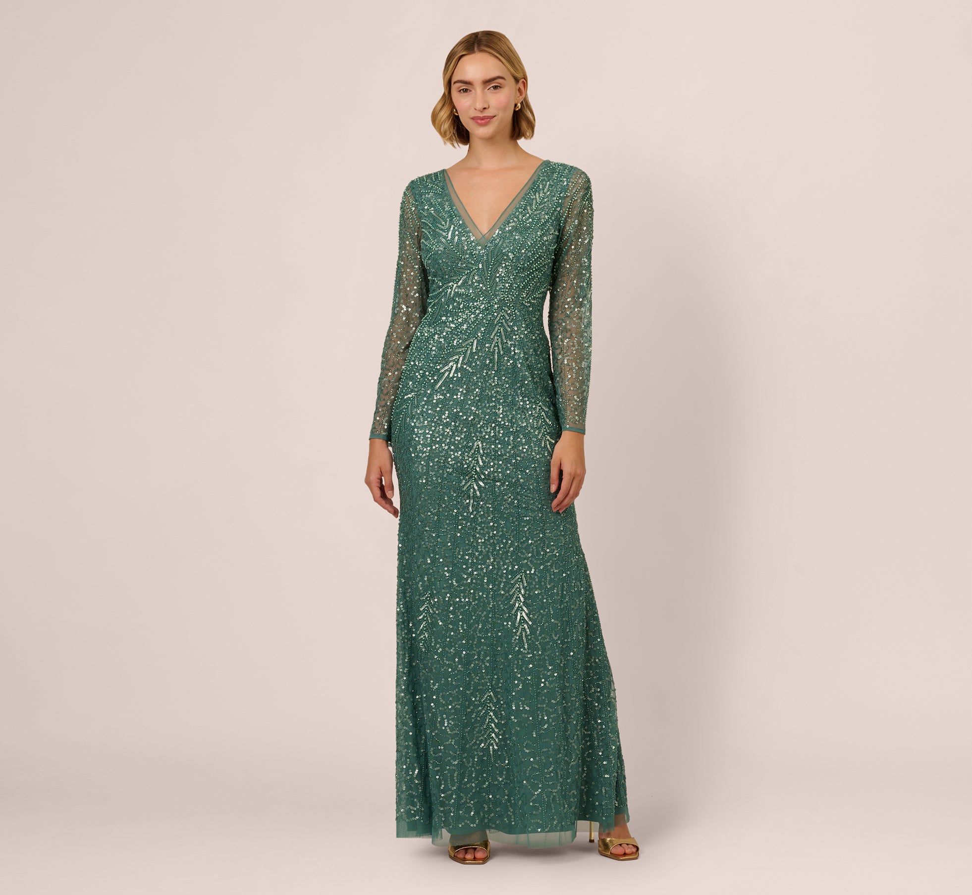 Long Sleeve Beaded Full Length Dress In Green Slate