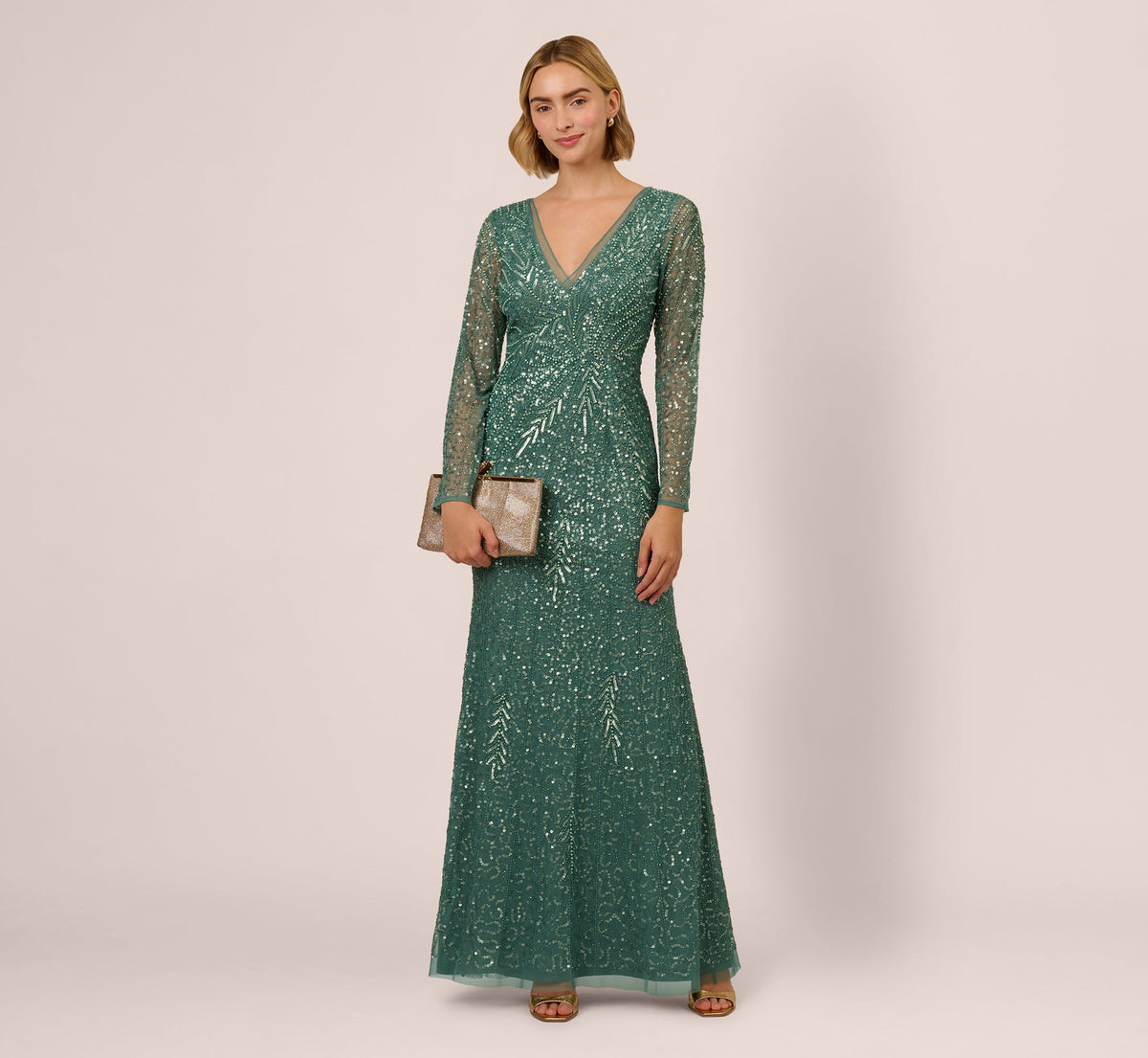 Long Sleeve Beaded Full Length Dress In Green Slate