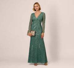 Long Sleeve Beaded Full Length Dress In Green Slate