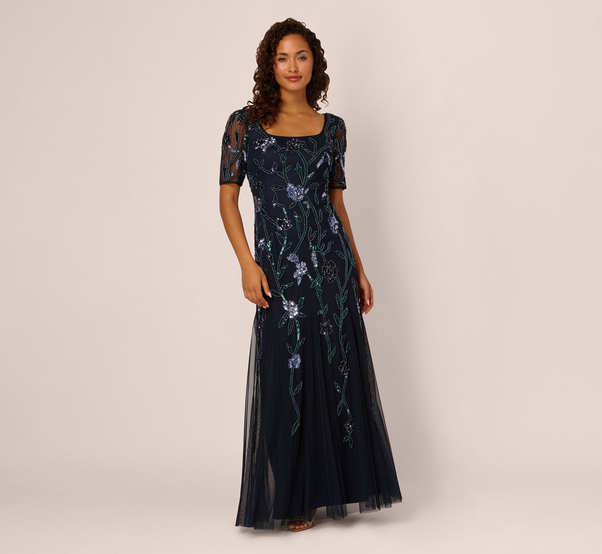 Square Neck Short Sleeve Beaded Godet Gown In Midnight Multi