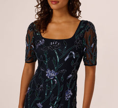 Square Neck Short Sleeve Beaded Godet Gown In Midnight Multi