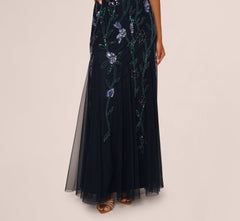 Square Neck Short Sleeve Beaded Godet Gown In Midnight Multi