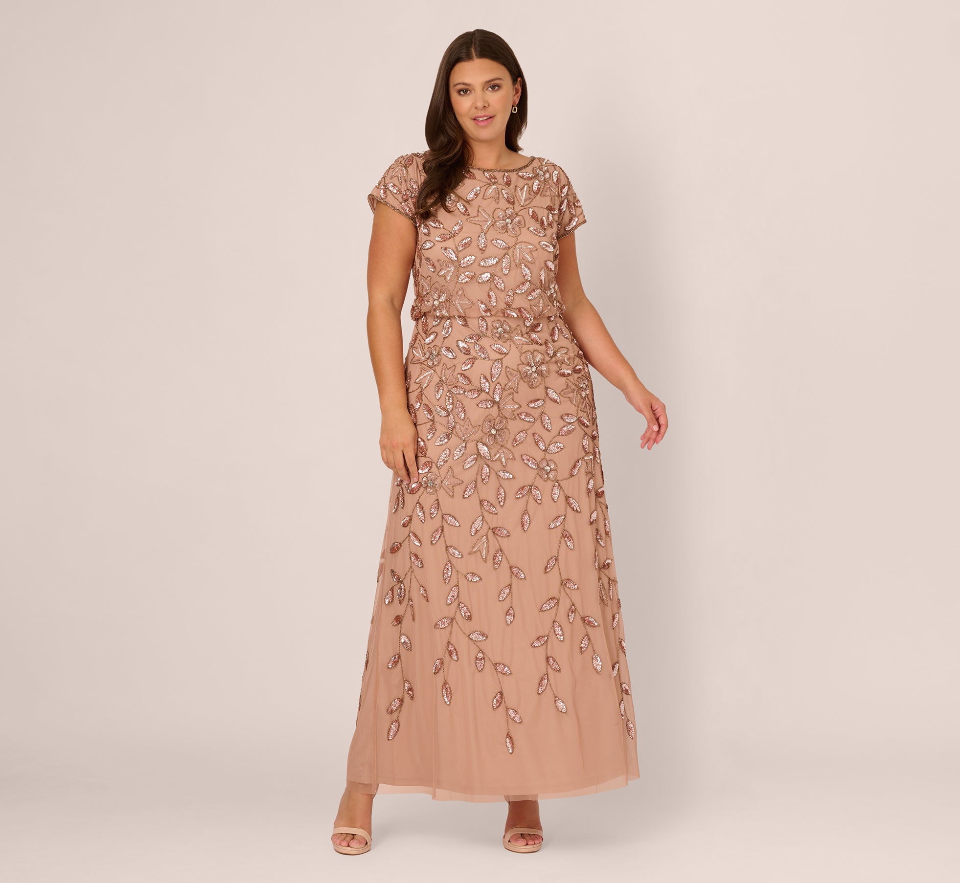 Plus Size Blouson Short Sleeve Beaded Long Dress In Rose Gold
