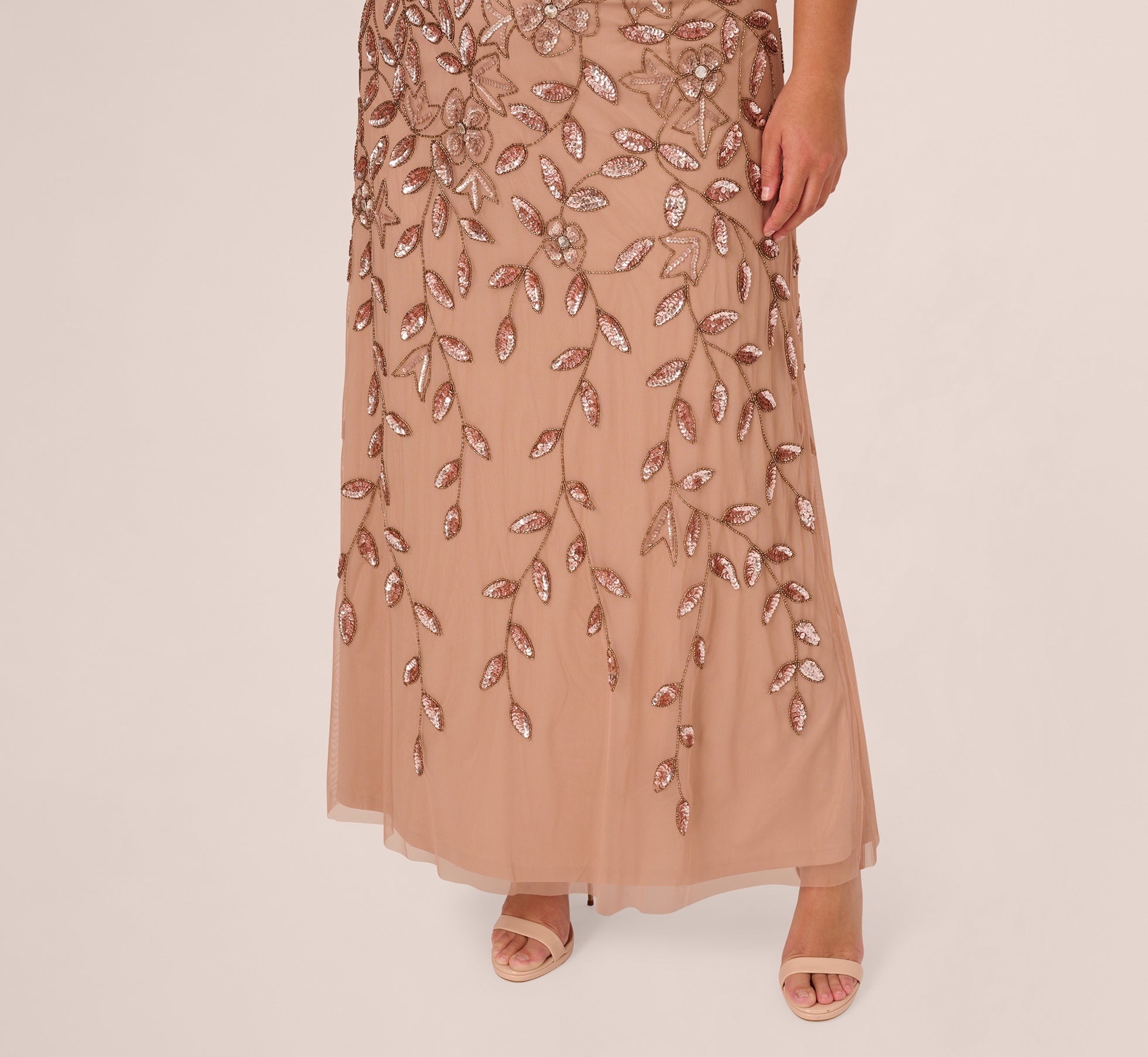 Plus Size Blouson Short Sleeve Beaded Long Dress In Rose Gold
