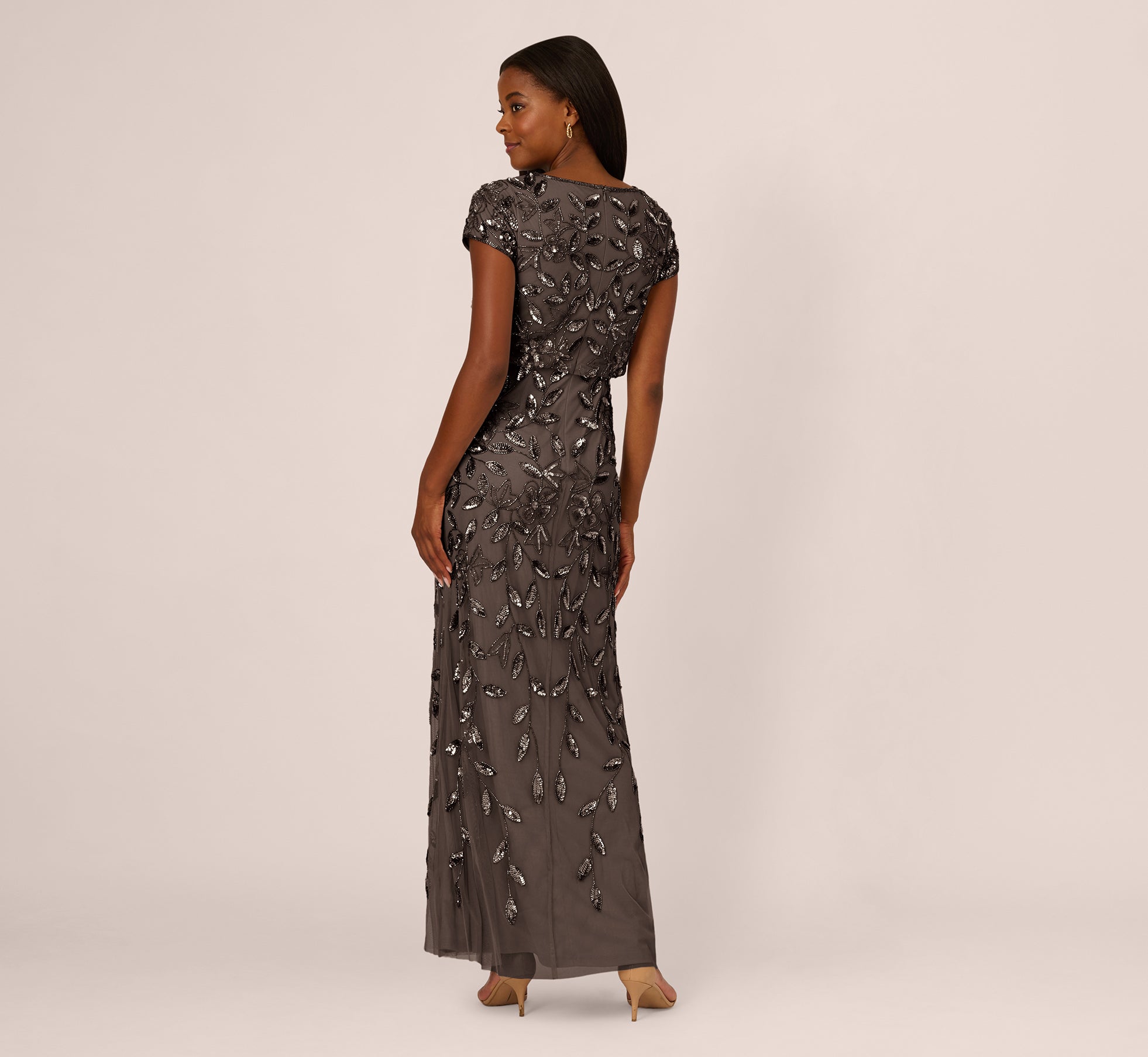 Blouson Short Sleeve Beaded Long Dress In Lead