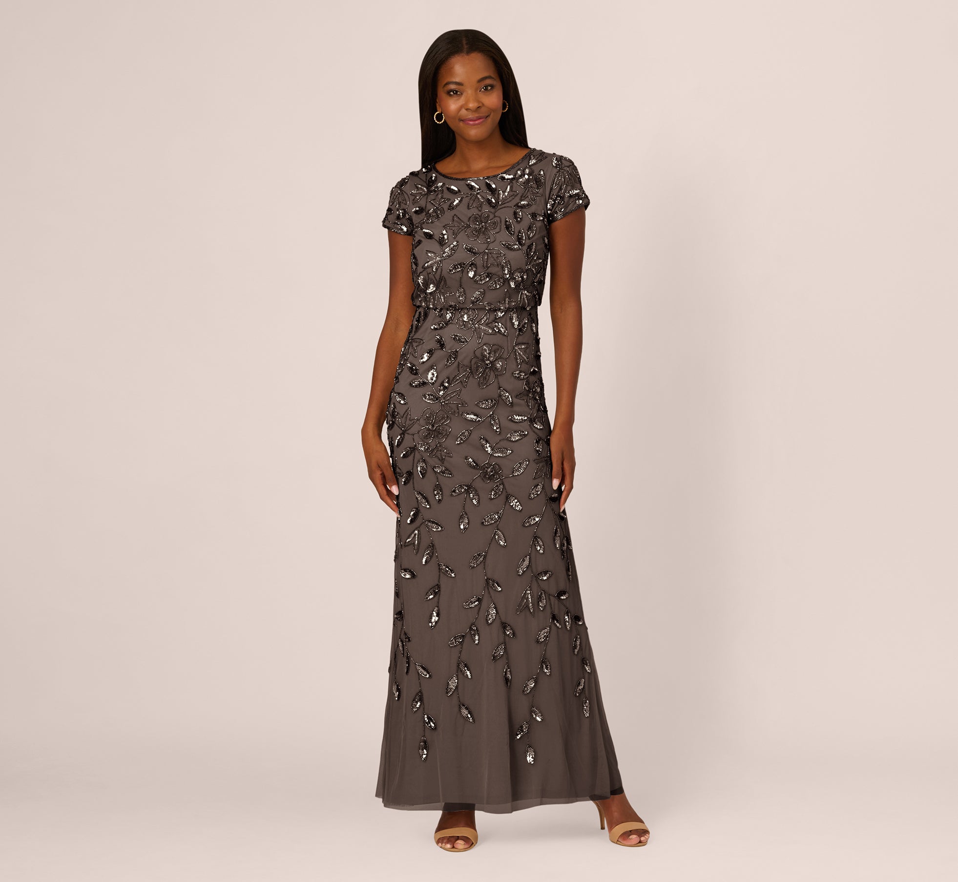 Blouson Short Sleeve Beaded Long Dress In Lead