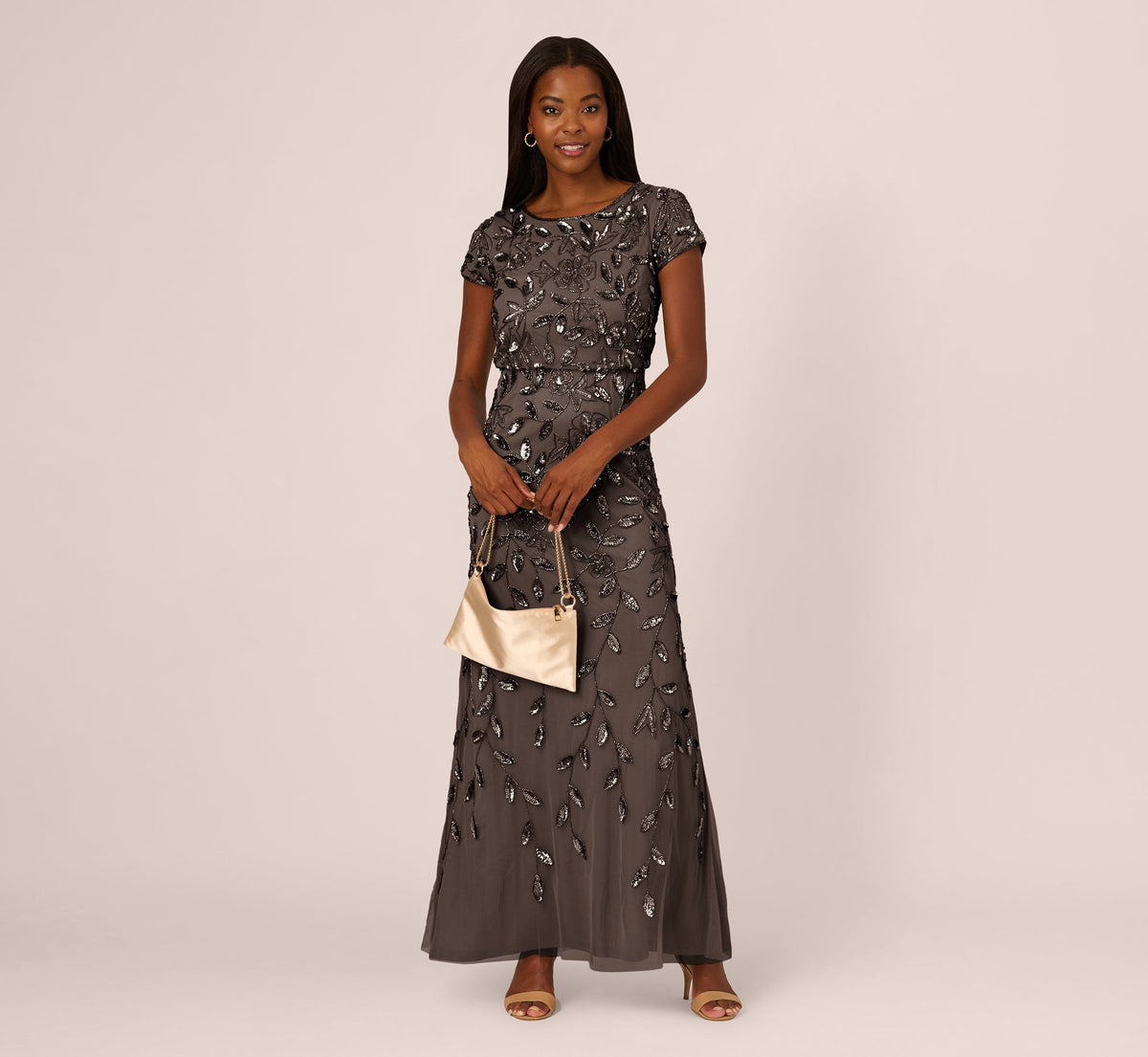 Blouson Short Sleeve Beaded Long Dress In Lead