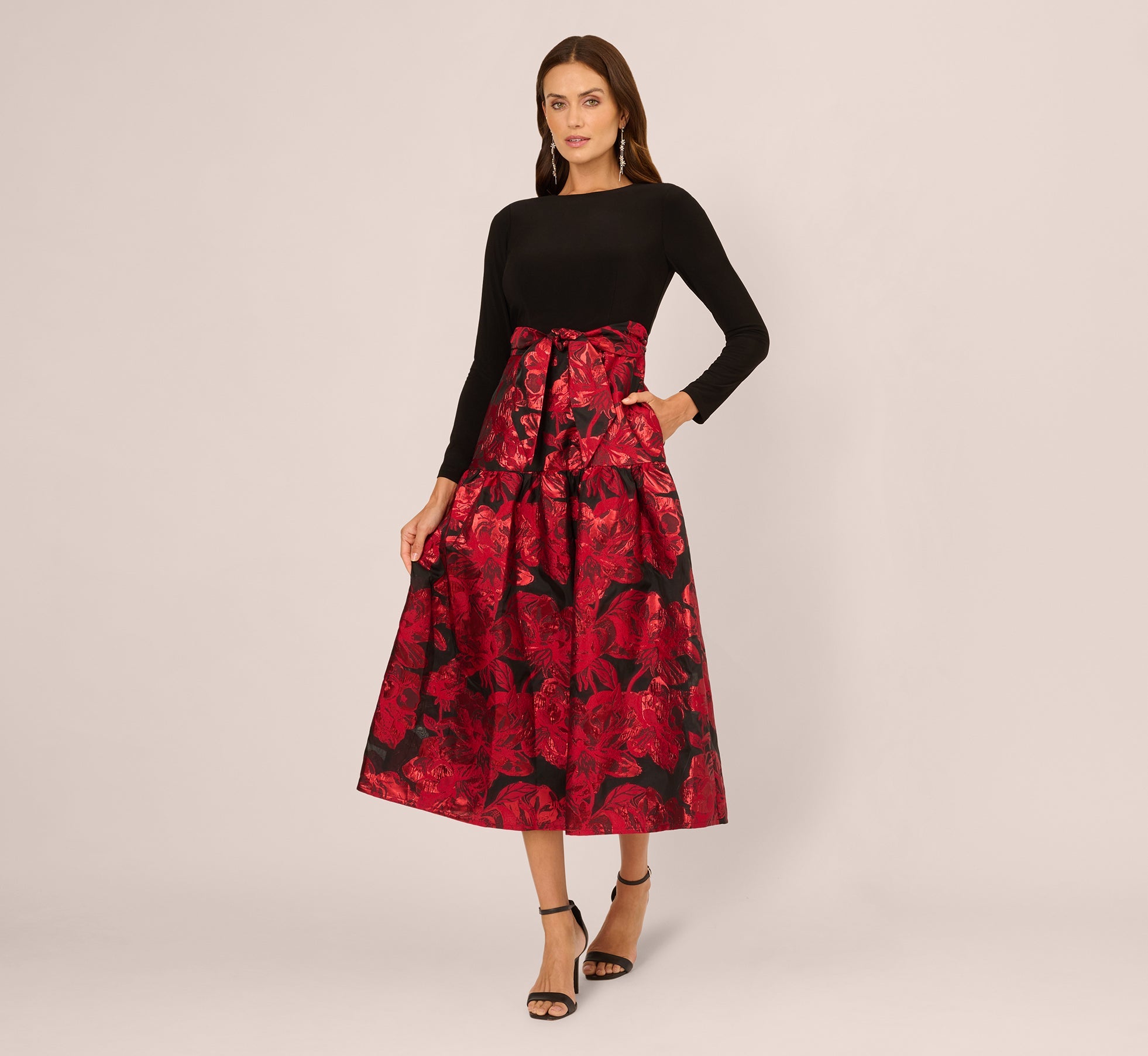 Combo Floral Jacquard Dress In Black Red