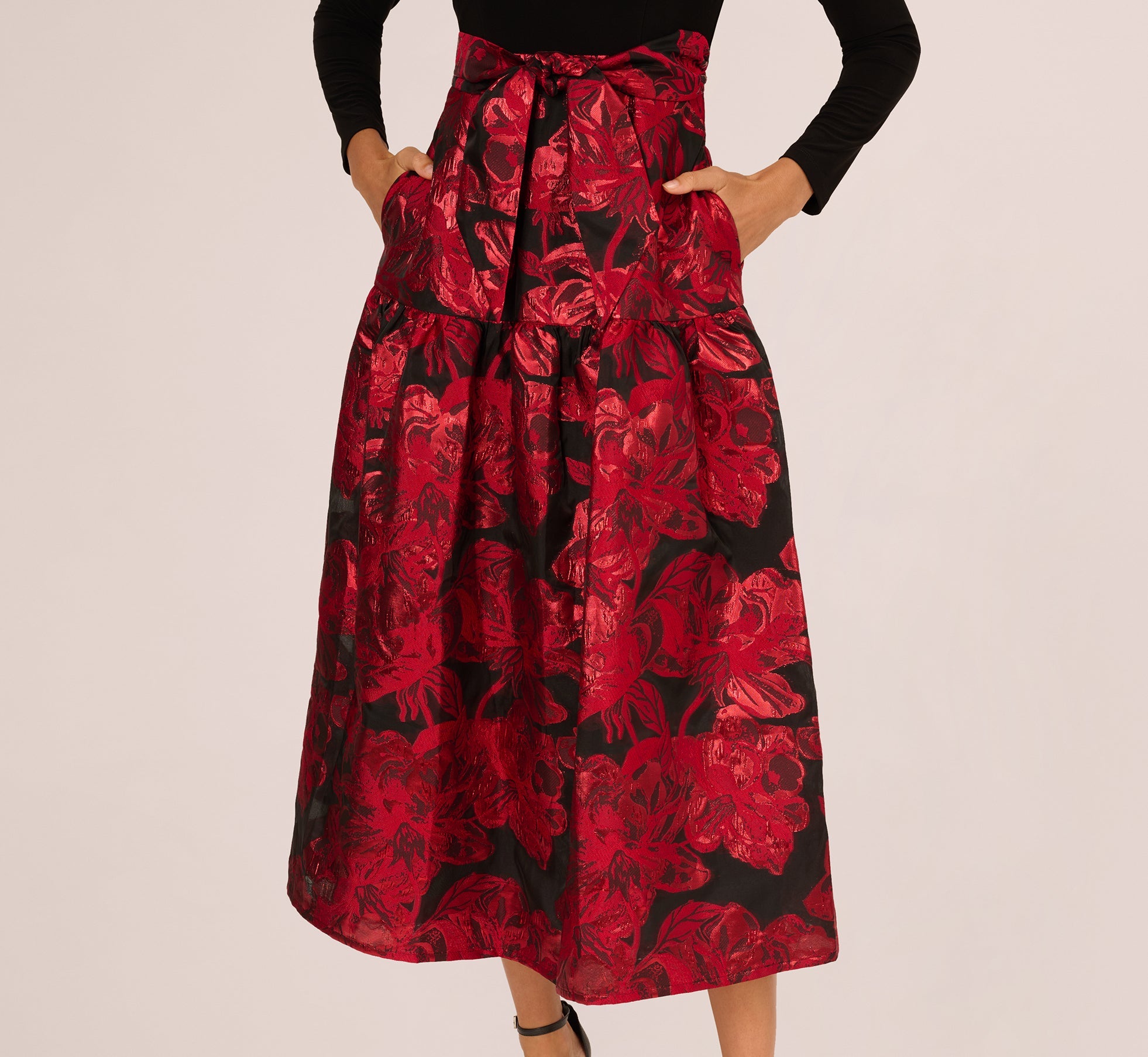 Combo Floral Jacquard Dress In Black Red