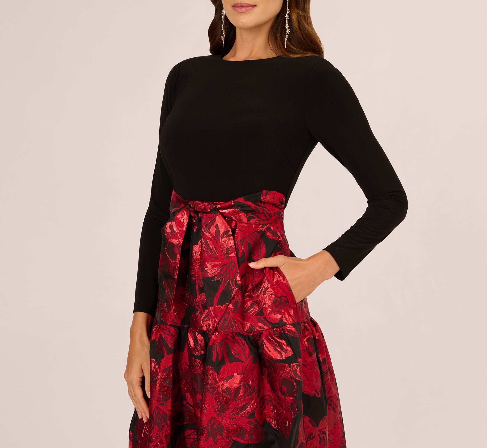 Combo Floral Jacquard Dress In Black Red