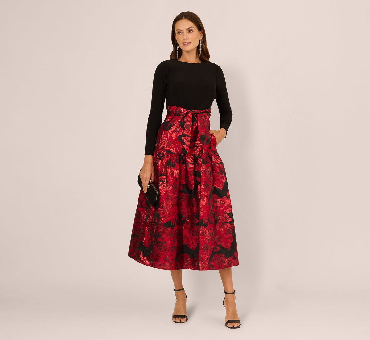 Combo Floral Jacquard Dress In Black Red