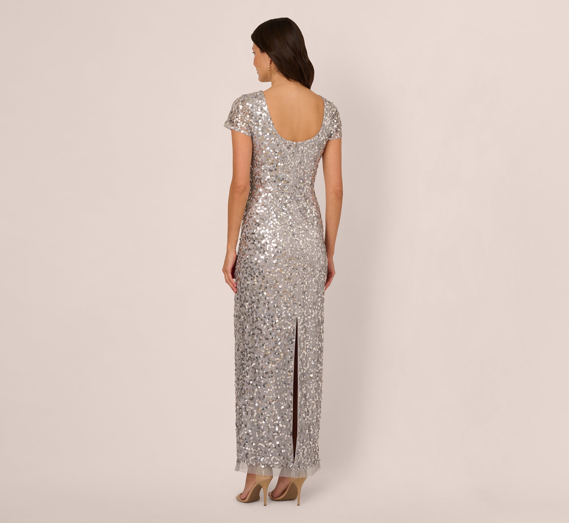 Short Sleeve Bead And Sequin Gown In Silver Mist