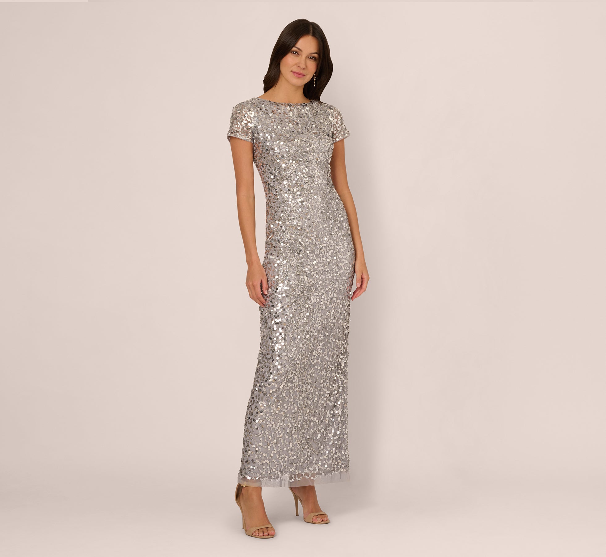 Short Sleeve Bead And Sequin Gown In Silver Mist