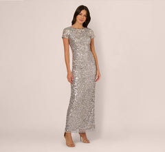 Short Sleeve Bead And Sequin Gown In Silver Mist