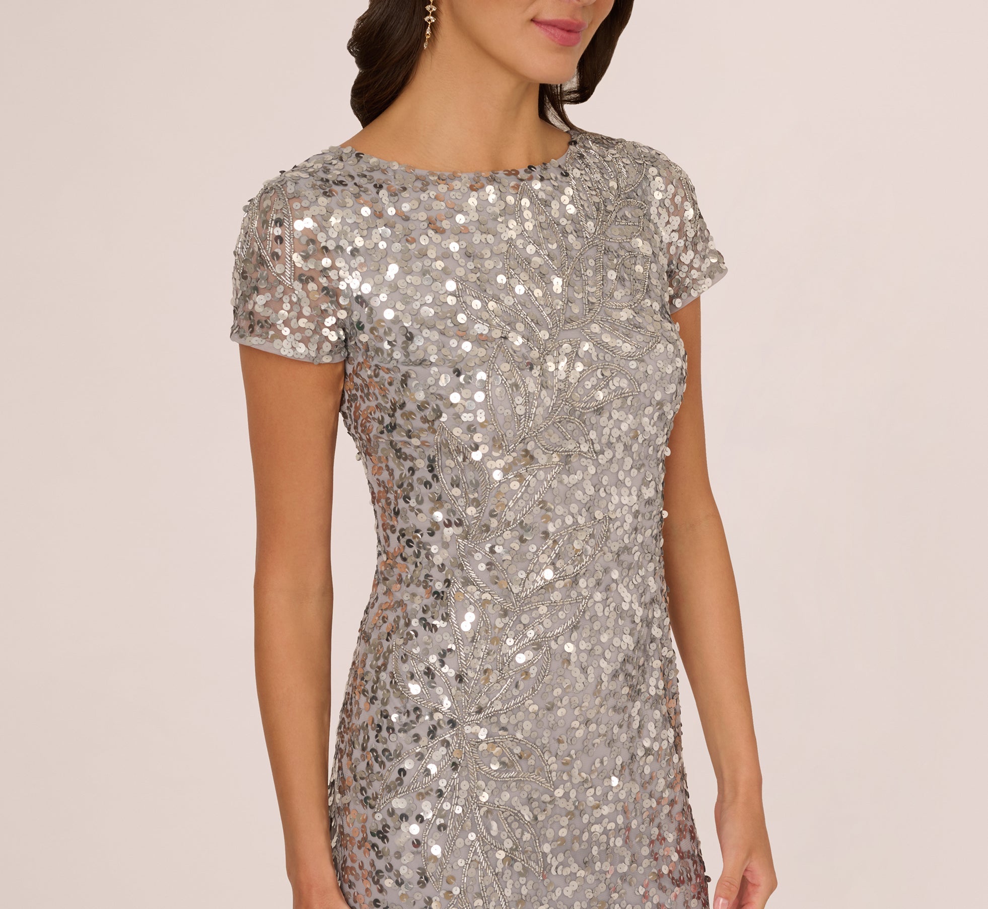 Short Sleeve Bead And Sequin Gown In Silver Mist