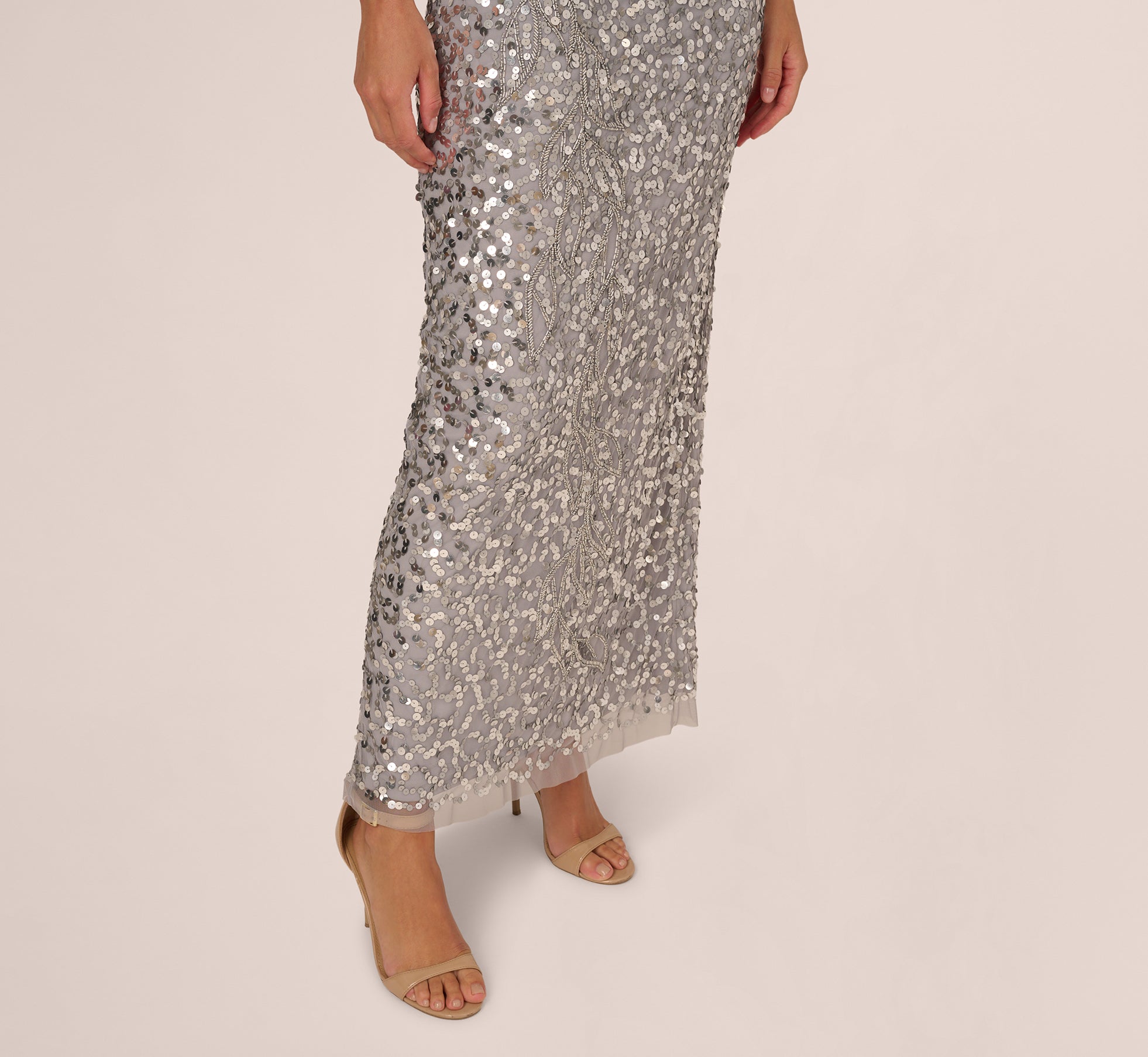 Short Sleeve Bead And Sequin Gown In Silver Mist