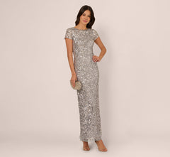 Short Sleeve Bead And Sequin Gown In Silver Mist