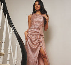 Draped Metallic Foil Long Dress In Rose Gold
