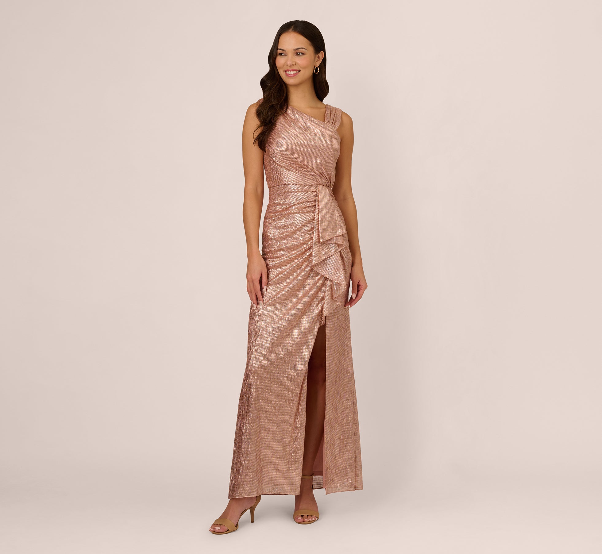 Draped Metallic Foil Long Dress In Rose Gold