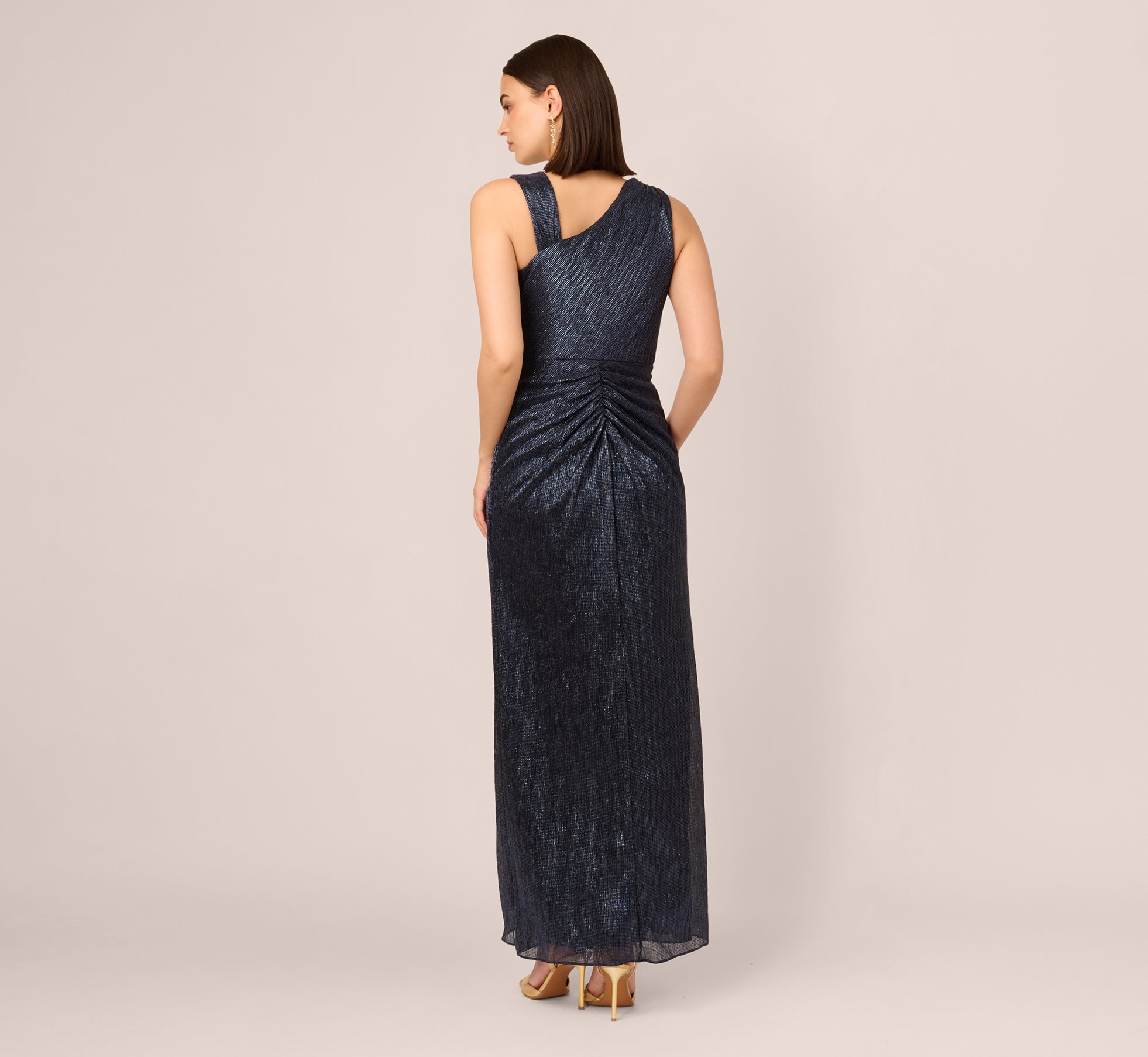 Draped Metallic Foil Long Dress In Navy