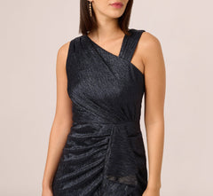 Draped Metallic Foil Long Dress In Navy