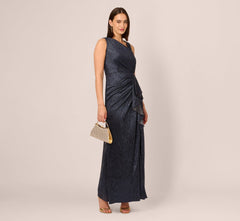 Draped Metallic Foil Long Dress In Navy