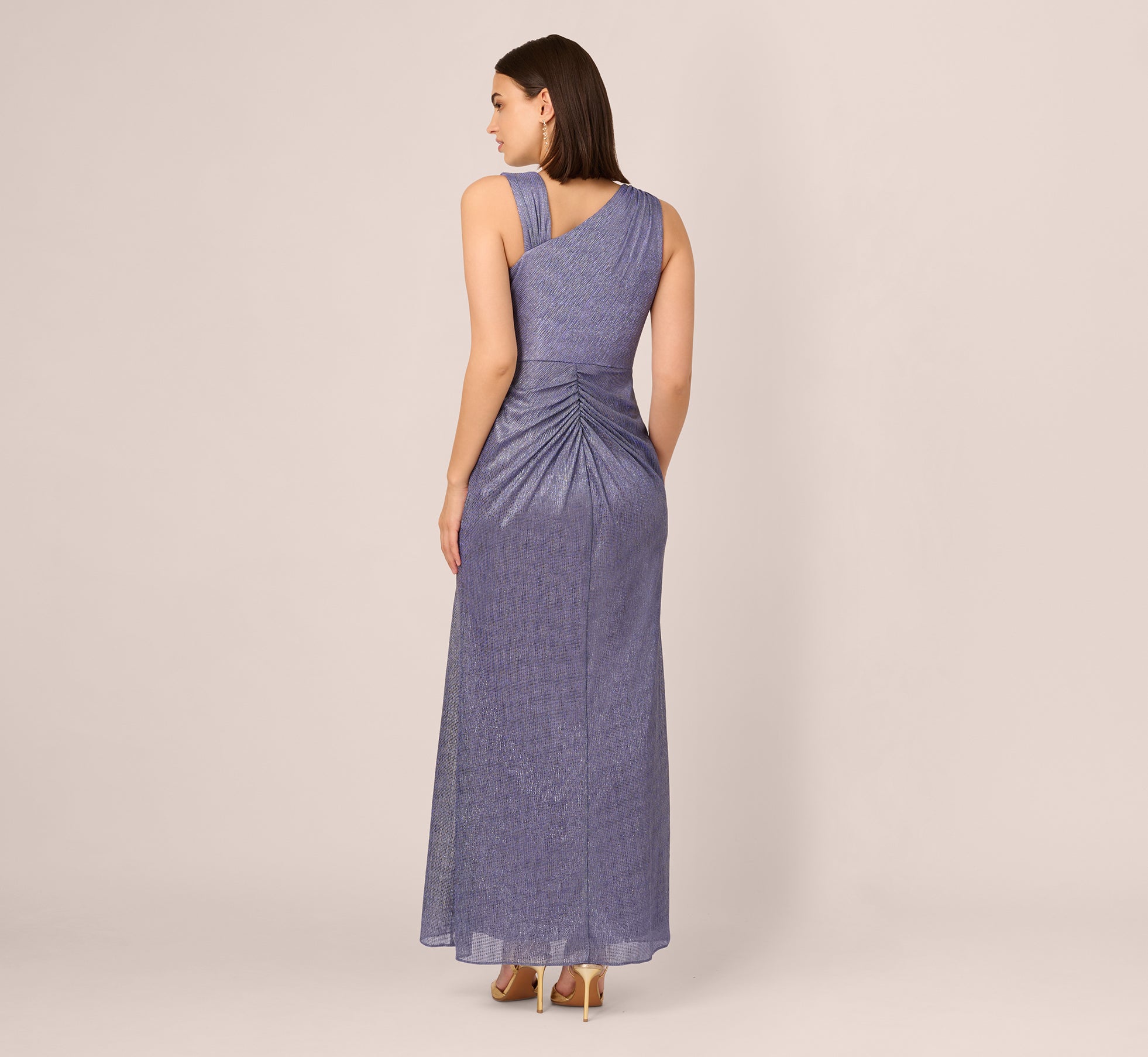 Draped Metallic Foil Long Dress In Peri Cruise