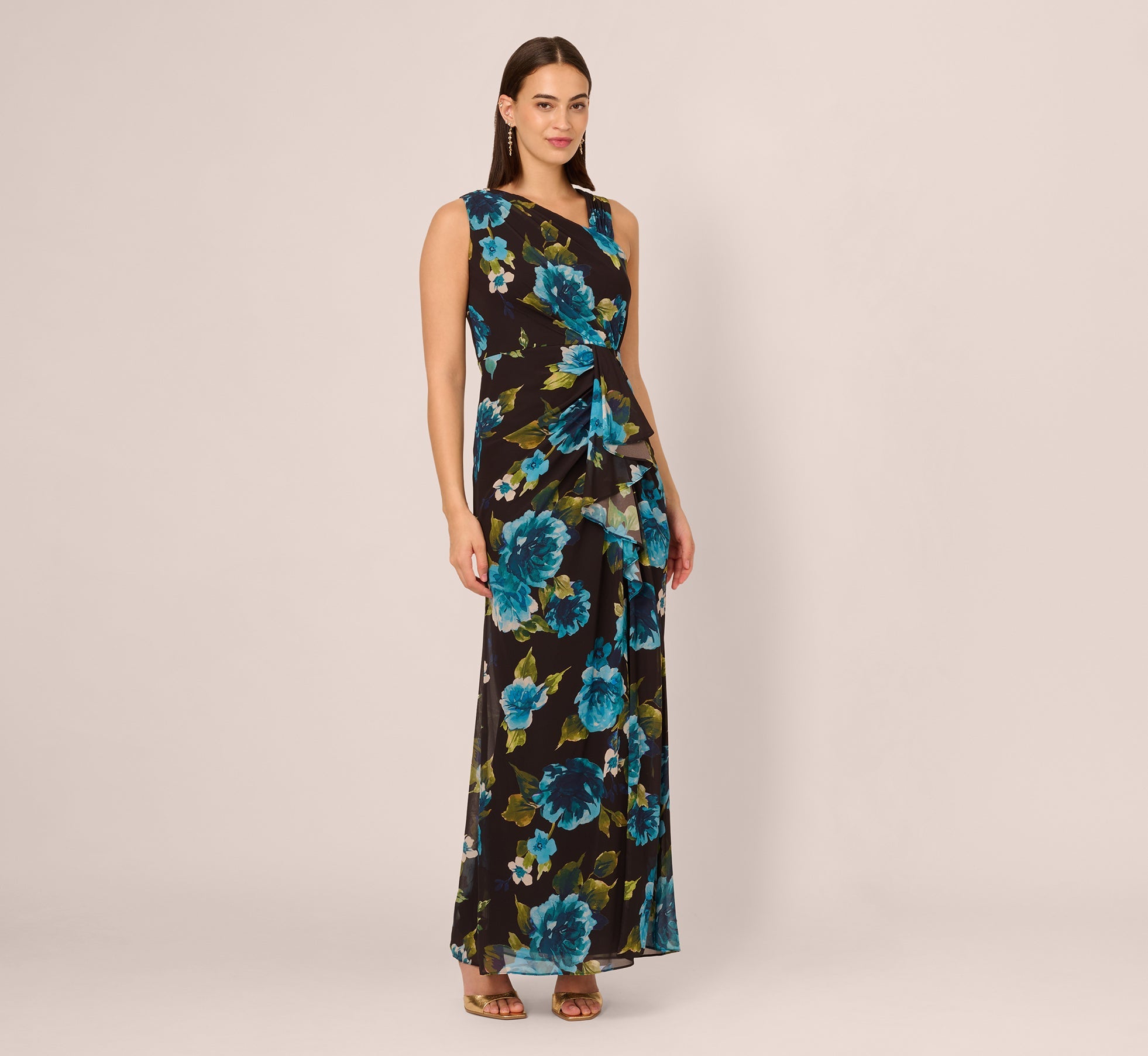 Asymmetrical Draped Floral Chiffon Gown In Black Multi