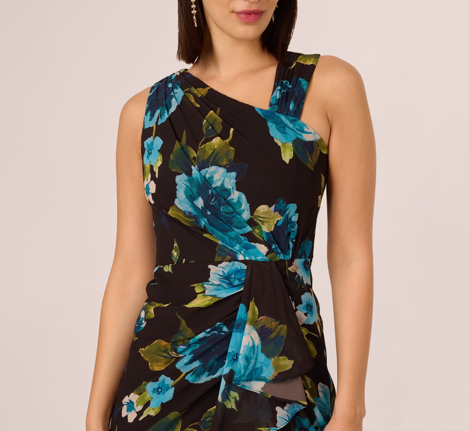 Asymmetrical Draped Floral Chiffon Gown In Black Multi