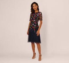 Short Sleeve Floral Beaded Midi Dress In Navy Multi