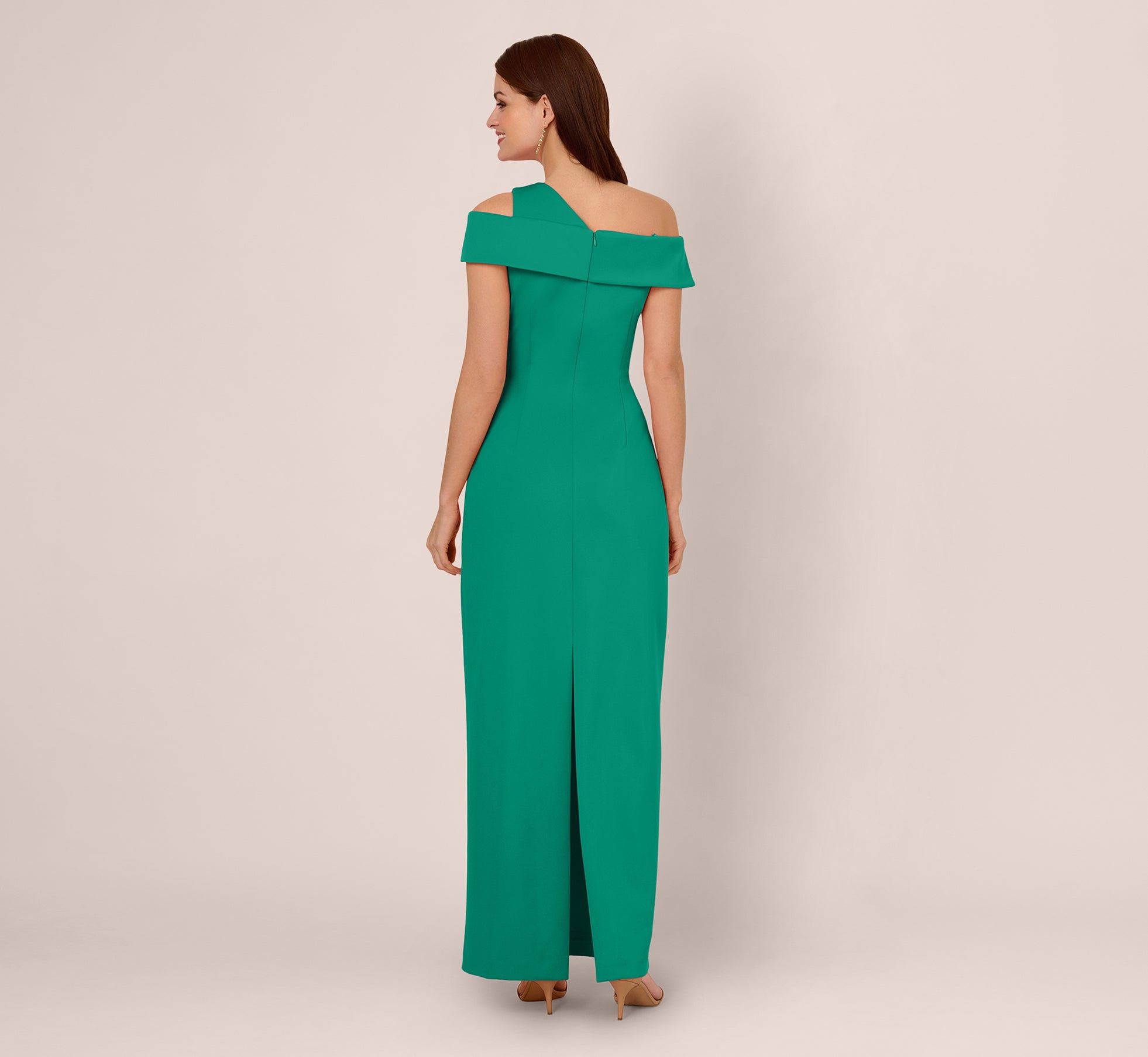 Asymmetrical Draped Column Gown In Emerald