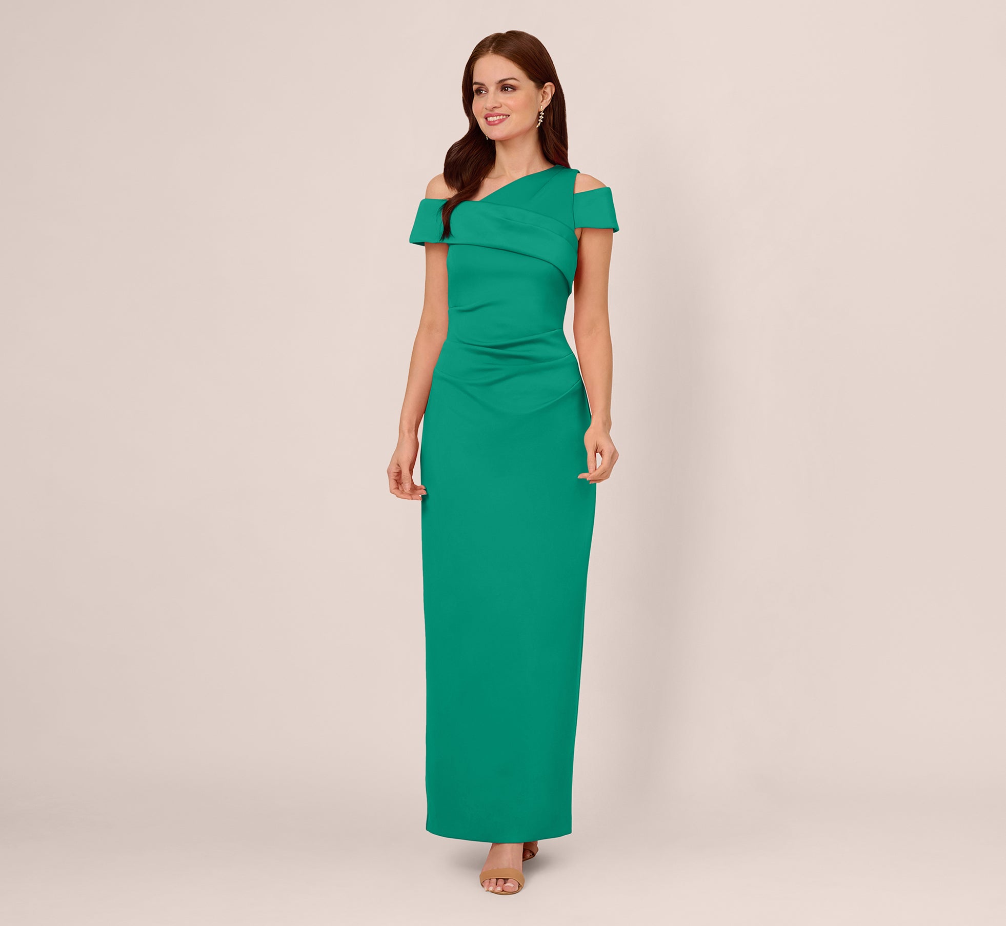Asymmetrical Draped Column Gown In Emerald