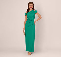 Asymmetrical Draped Column Gown In Emerald