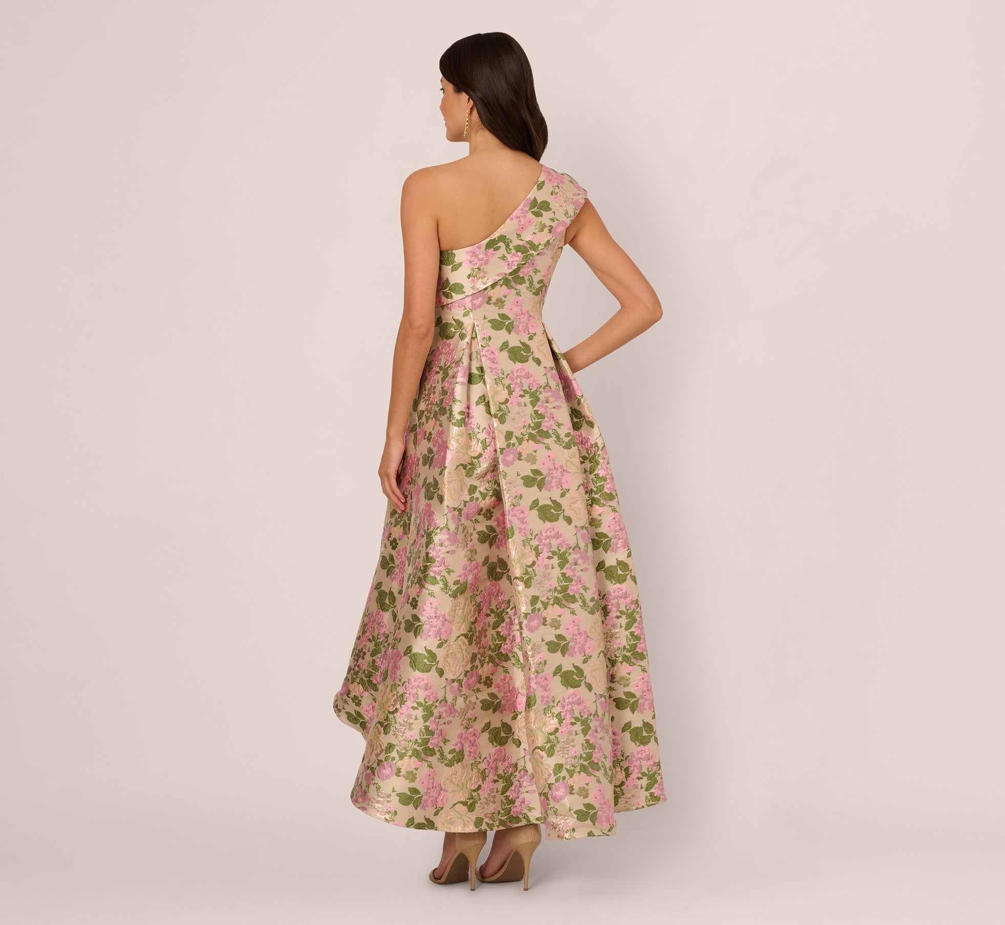 One Shoulder Metallic Floral Jacquard High Low Gown In Pink Green Multi