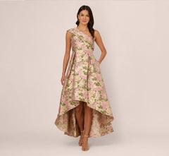 One Shoulder Metallic Floral Jacquard High Low Gown In Pink Green Multi