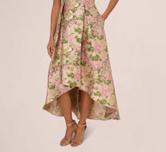 One Shoulder Metallic Floral Jacquard High Low Gown In Pink Green Multi