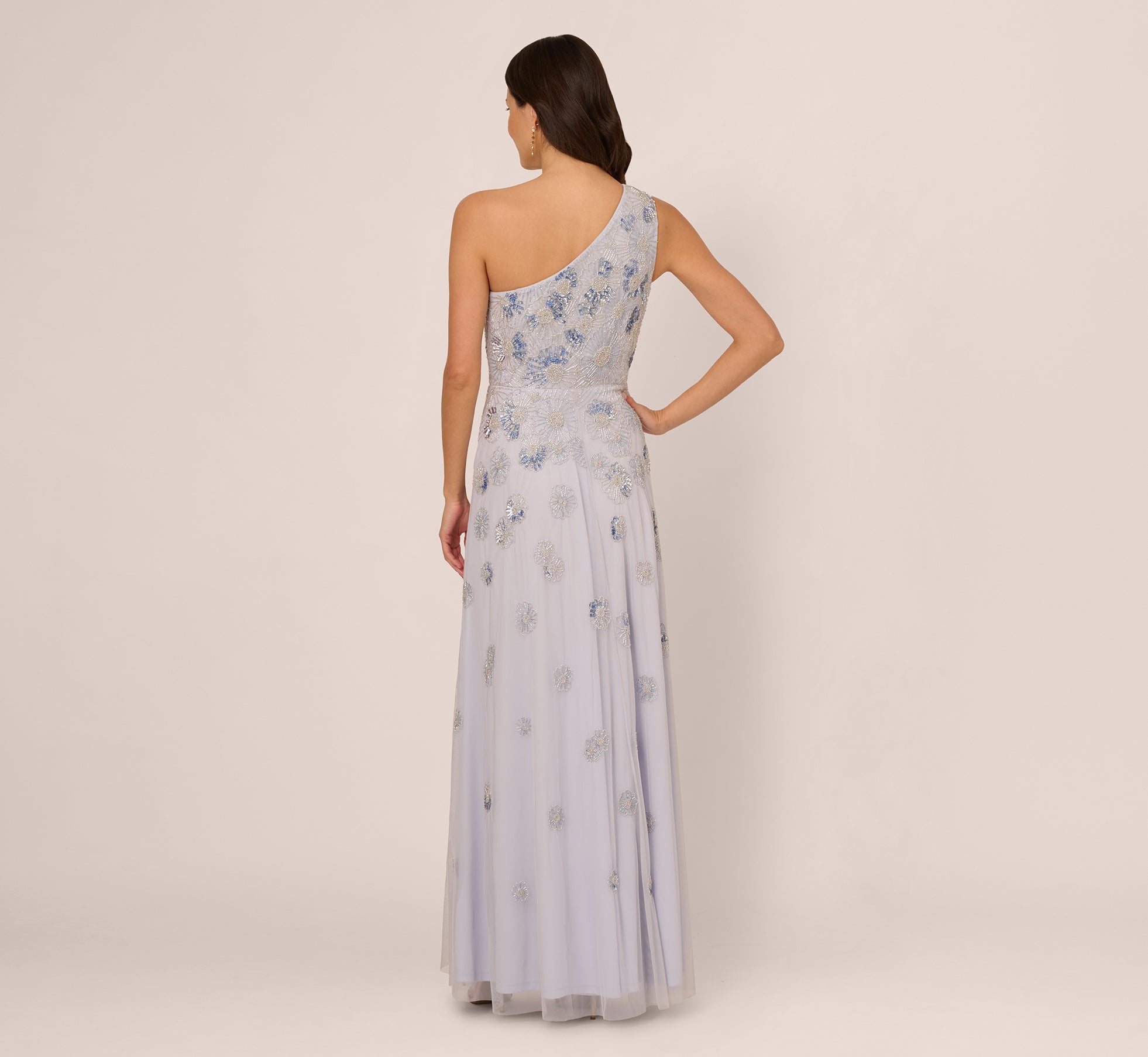 One Shoulder Beaded Mesh Gown In Serenity