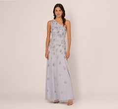 One Shoulder Beaded Mesh Gown In Serenity